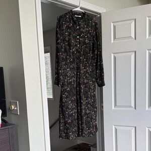 DR2 Black Long Sleeve Floral Midi Dress with Pink & Green Print